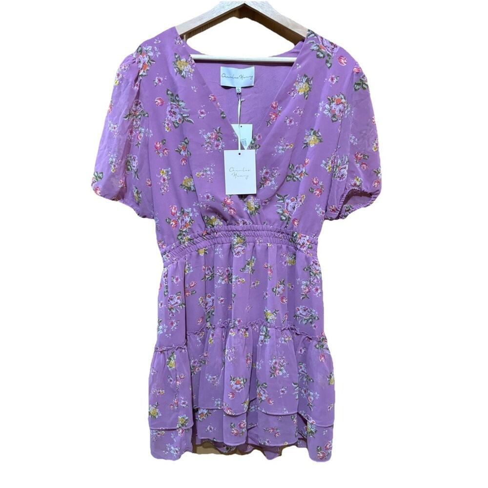NWT Charles Henry Purple Smocked Tier Hem‎ Floral Short Sleeve Dress Large